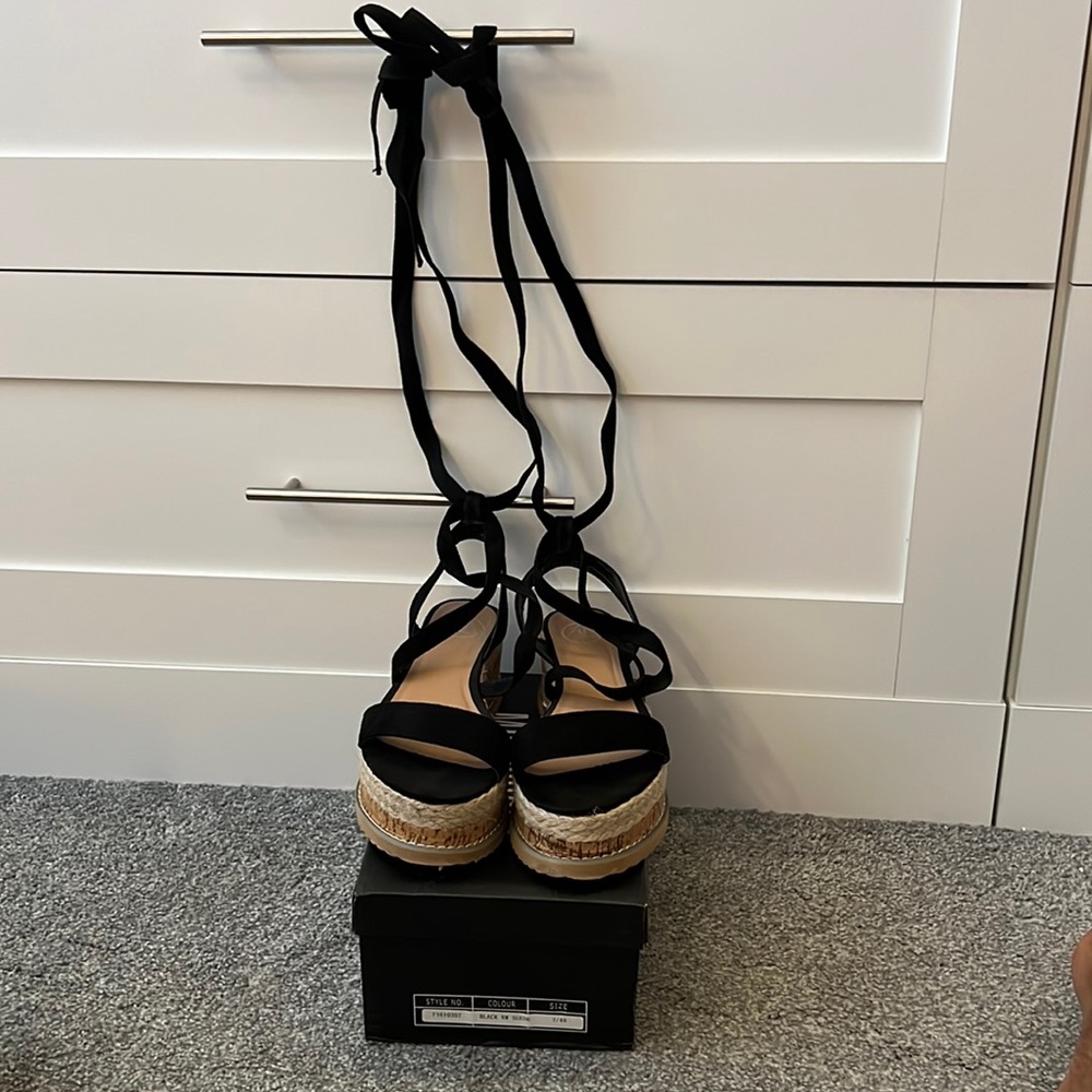 Lace up faux suede black wedge sandals